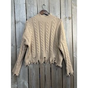 Dreamers by Debut Cable Knit Fringe Sweater Womens L Tan Mock Neck